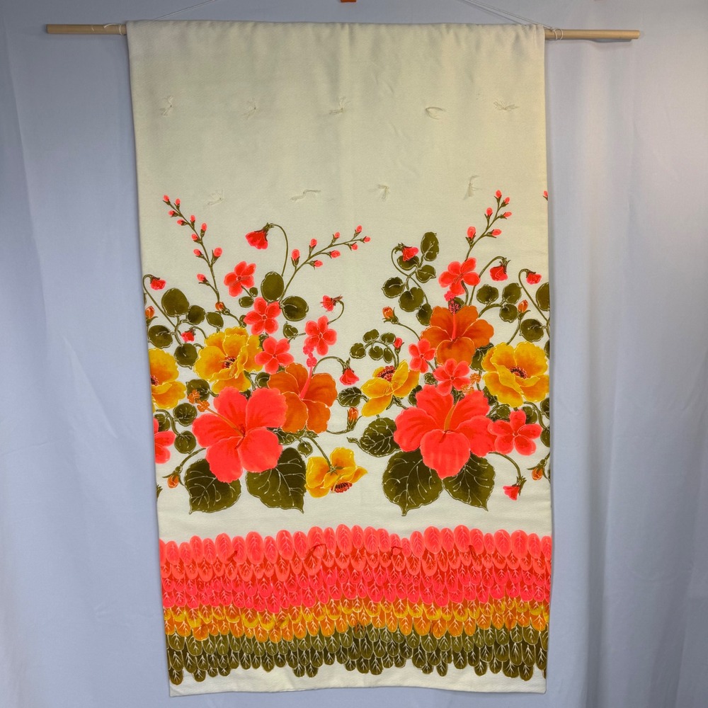 Vintage Japanese Hibiscus Floral Fabric Wall Hanging Padded Textile Art 24x44